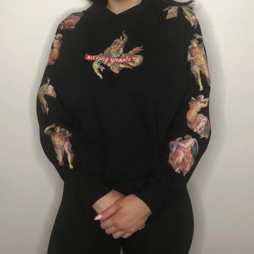 ZARA WOMAN SISTINE CHAPEL CROPPED BLACK SWEATSHIRT HOODIE SIZE MEDIUM - Picture 3 of 13